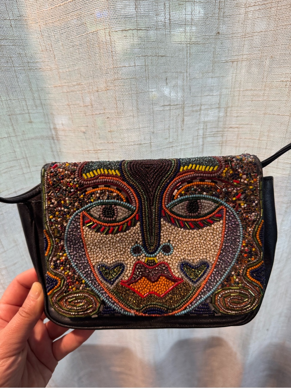 Vintage Cache Beaded Multicolor Face Motif Crossbody Bag